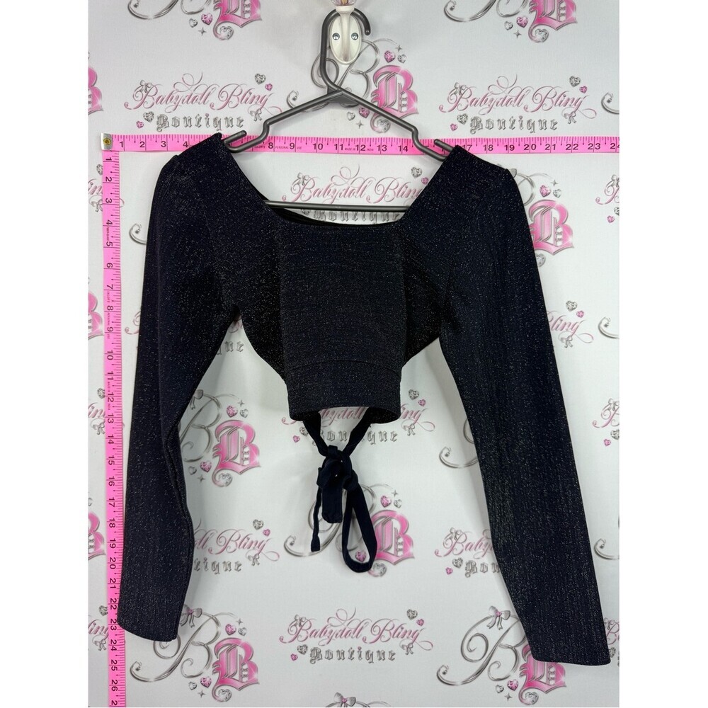 Crop navy sparkly Women's Sparkle Long-Sleeve Tie-Back Crop Top - Black